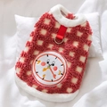 Cute red plaid plush pet sweater vest with harness D-ring and cartoon embroidery - M / Red Clock