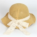 Wide brim straw sun hat with decorative cream lace bow for summer beach sun protection - Yellow