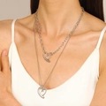 Silver multi-layer necklace with chunky link chain and dual hollow heart pendants - Silver-Tone Double-Layer Hollow Heart Bead Chain Choker (White Gold Tone WG-0799)