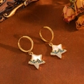 Close-up of gold star earrings with white enamel and blue crystals on brown texture - Gold Blue Diamond White Shell Star Ear Buckle