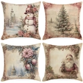 Set of four Christmas pillow covers with vintage watercolor snowman and Santa patterns - Pink White Retro Winter Set