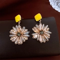 Vintage floral drop earring featuring yellow enamel and crystal petals with green center stone - 62# Silver Earring Post - Gold - Brown - Daisy Tassel Faux Gem