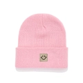 Pink knitted beanie for children with a cute smile patch for autumn and winter warmth - Light Pink