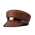 Brown PU leather military cap with crocodile texture and rose gold metal letter M detail - Brown