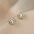 Golden sunflower earrings with micro-set zircon crystals on champagne silk fabric - Sunflower Pave Style (E0710) / Gold