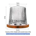 270ml diamond texture spinning whisky glass with a natural wooden base coaster - Transparent Grid Pattern with Wooden Base