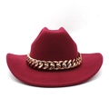Detail of deep red wool cowboy hat featuring a bold polished gold metal chain band - M(56-58cm) / Burgundy