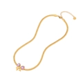 Elegant gold-tone stainless steel bow necklace featuring a pink gemstone pendant on white background - 1# Necklace (N166) / Gold/Pink