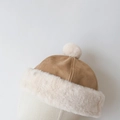 Close-up of brown suede winter cap with thick beige faux fur trim and soft pom-pom detail - 49-52CM (Suggested 2-6 Years) / Khaki