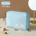 Sky blue hanging makeup bag with double zippers and 'MAKEUP BEAUTY' tag, 19x12x8cm - Sky Blue (Portable)