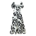 Witte maxi-jurk met zwarte bladprint, vierkante hals en uitsnijdingen in de taille - S / Zwart-wit Print