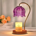 Retro marble candle warmer lamp with purple lily glass shade and wooden base - Purple Glass Shade + Walnut Base / Knob Dimming / US Plug