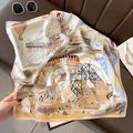 French vintage silk square scarf featuring pink border and hot air balloon illustration - 70*70cm / Ice Pink