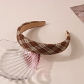 Detail of a brown plaid padded headband featuring a vintage wool blend texture - Brown Plaid