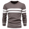 Herren-Strickpullover mit Rundhalsausschnitt und braun-weißen Querstreifen in 3D-Ansicht - S / Kaffeebraun