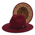 Classic burgundy fedora hat with leopard print brim underside and braided rope band - M (56-58cm) / Burgundy