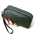 Dark green leather clutch bag with snake pattern and three golden zippers with wristlet - Green