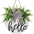 White wooden Hello door sign with eucalyptus greenery and burlap bow decoration - HELLO / White