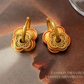 Elegant gold and orange enamel earrings with Chinese hollow pattern design - T2340 Style / Chinese Hollow Window Lattice