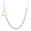 Cuban chain necklace with white pearls and a golden open heart pendant charm - Gold Hollow Heart Style (KN233651-Z)