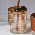 Amber minimalist bamboo-style glass coffee mug with glass straw and leak-proof lid - Short Cup with Lid and Straw (Amber)