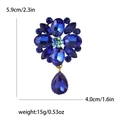 Blue crystal flower brooch with water drop pendant in gold finish showing dimensions - Blue 1036-BL