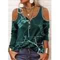 Dunkelgrünes Schulterfreies Langarmshirt mit Marmorprint und silbernen Pailletten - S / Oberteile / Seeblau