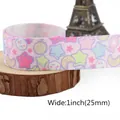 Pink cartoon smile print grosgrain ribbon 1 inch wide for DIY hair accessories - Pale Pink Star Moon Cloud Pattern (19)