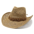 Hohl gestrickter Stroh-Cowboyhut mit breiter Krempe und ethnischer Web-Dekoration - M(56-58cm) / Khaki