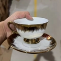 European style white ceramic coffee cup and saucer set with luxury gold electroplating - 1 Cup + 1 Saucer + 1 Spoon / Platinum