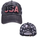 Detail of USA embroidery on washed denim ponytail baseball cap with star mesh - Ponytail Hole Design / Black - USA Letters
