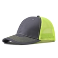 Detailed side view of grey curved brim baseball cap with fluorescent yellow mesh back - Dark Grey and Neon Green