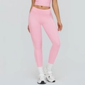 Pink yoga set with high-waist leggings and sports bra featuring white side stripes - S / Sakura Pink