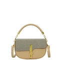 Chic beige leather handbag with black and white twill pattern flap and gold clasp - Khaki