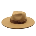 Detail of camel wool fedora hat featuring a brown satin ribbon bow on the textured felt brim - M (56-58cm) / Camel
