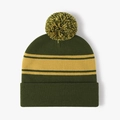 Elastic knit winter hat in dark green with yellow stripes and pom-pom for outdoor warmth - Adjustable / Green Yellow(23B401)