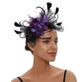 Elegant purple satin flower fascinator with black mesh veil and natural feathers - Black Purple