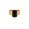 Detail of 18k gold plated ring featuring a large black onyx and textured relief pattern - US 6 / Gold