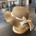 Kids woven straw sun hat with cream ribbon bow and baby leather label in tan color - 52CM (2-5 Years Old) / Khaki (Hat Only)