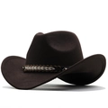 Detail of dark brown wool fedora hat with woven leather band and metal rivets - M (56-58cm) / Coffee (JXF-548)