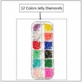 Detailed top view of 12-color jelly rhinestones set in a 12-grid transparent plastic box - 12 Colors Jelly Rhinestones