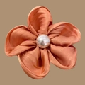 Elegant coral pink satin flower hair scrunchie with a large central pearl accent - Orange Hair Clip