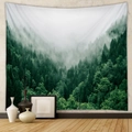 Detail of misty forest landscape tapestry hanging on a wall with elegant home decor - Deep Mist Forest Green (GT250007) / 73X95CM (Cross-border Brushed)