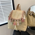 Zaino estivo in paglia con nappe colorate e chiusura a coulisse in colore beige - Nappa Cachi