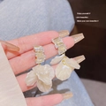 Elegant long cream resin petal earrings with sparkling rectangular zircons - Petal Zircon Earrings (E0412)