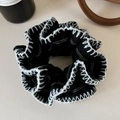 Oversized black scrunchie with white zigzag stitching embroidery for women hair ties - Black Double Stitch Scrunchie