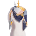 Women's triangular scarf featuring colorful check patterns in grey, blue, and yellow with tassels - Grey Plaid