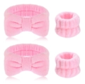 Set lavaggio viso rosa in pile corallo con fascia a fiocco e polsini assorbenti donna - Set da 4 pezzi per la cura della pelle rosa (166#)