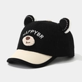 Détail d'une casquette enfant avec oreilles d'ours et broderie Happy en noir et blanc - 50-52cm / Noir