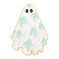 Detail of cute white ghost enamel brooch with small green spirit patterns and gold trim - Ghost Style E